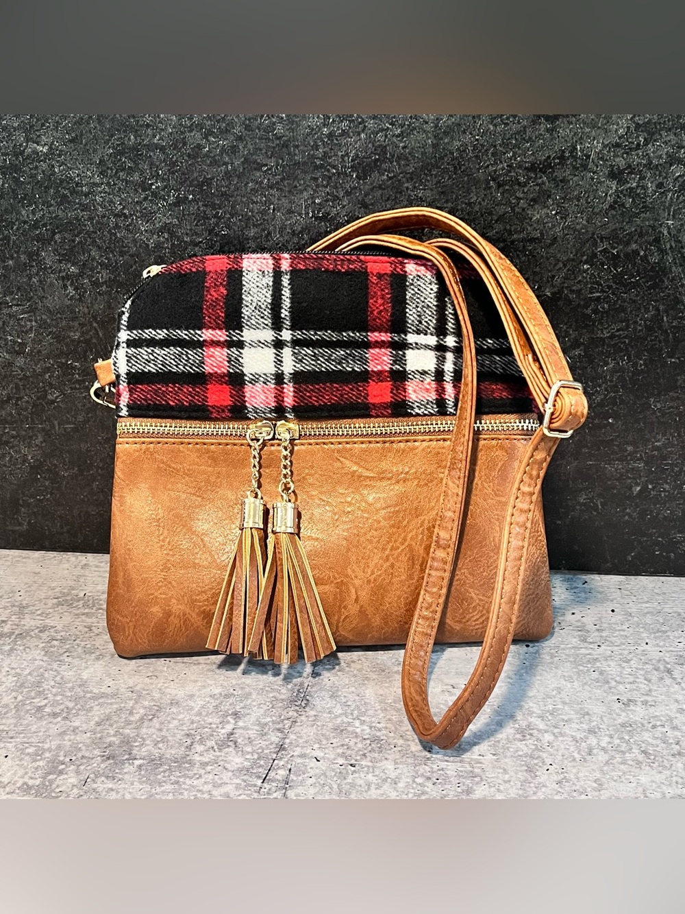 Jen & Co Crossbody Bag, Plaid and Faux Leather, Crossbody & Wristlet Straps